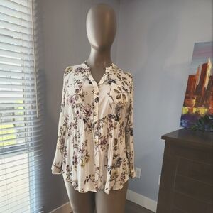 White Floral Hi-Lo Long Sleeve Tunic Blouse